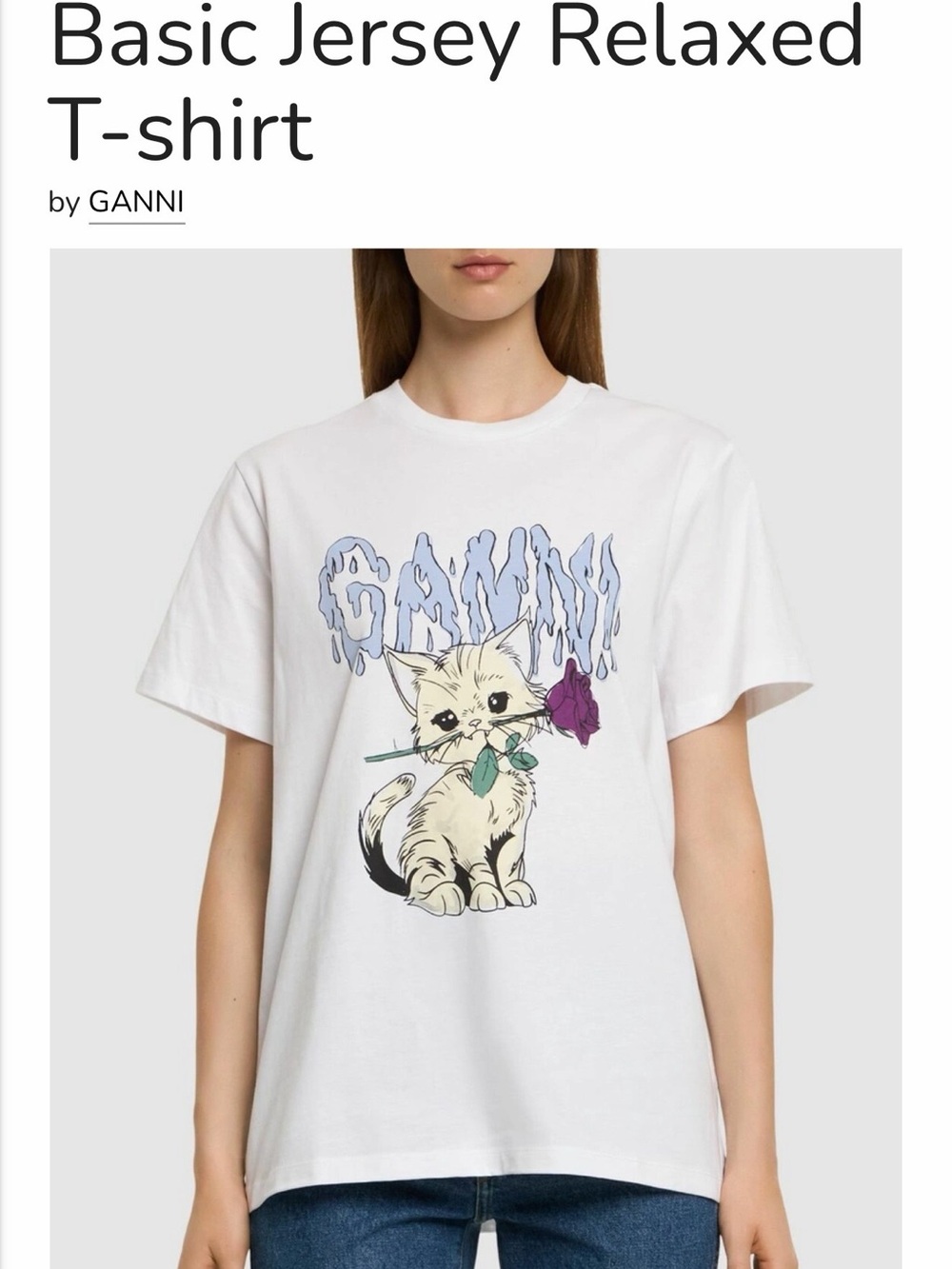 Ganni White Tee with Cream Cat Holding Purple Rose - Picture 5 of 13